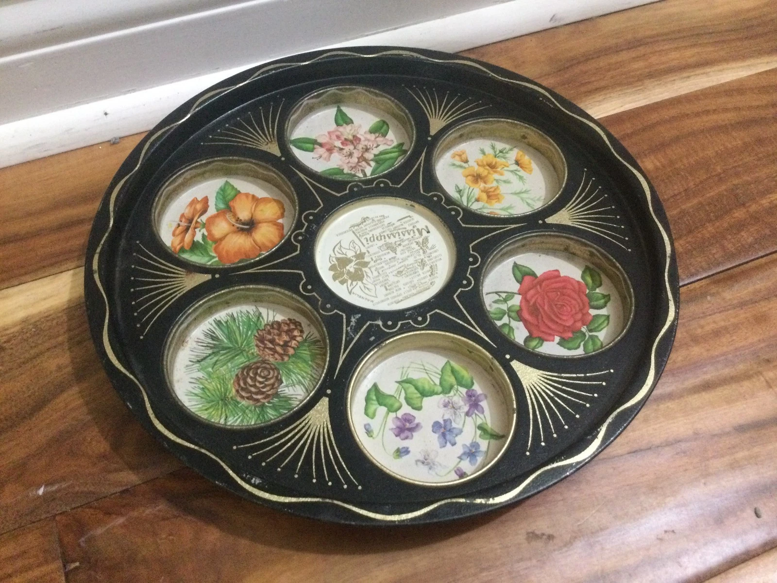 60’s vintage retro state souvenir tin plate MUFFIN carrier flowers Mississippi