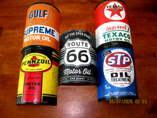Complete Set Of 5 - Metal Half Oil Cans Man Cave GULF ROUTE 66 TEXACO PENN STP