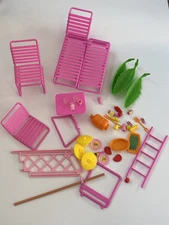 Vtg 1986 Barbie Tropical Pool Parts Rare PINK FENCE Food Lamp Tree Chair Ladder