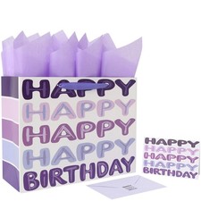 13'' Large Purple Happy Birthday Gift Bag Set with Handles, Greeting Card, Ti...
