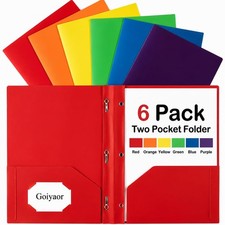 6 Pack Plastic Folders with Pockets and Prongs, 2 Pocket Folders with Fastene...