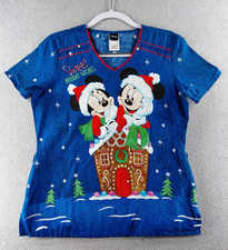 Disney Women's Scrub Top Sz S Blue Mickey  Minnie Sweet Holiday Wishes Pockets