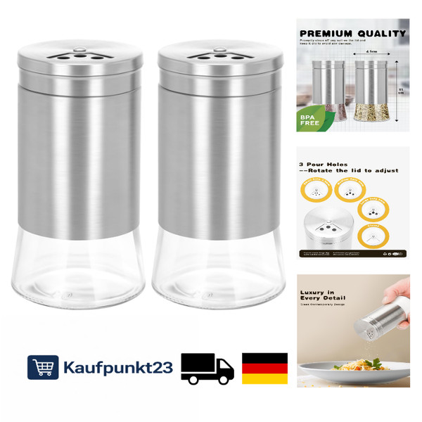 Salz Und Pfefferstreuer Edelstahl Glas 2Er Set Verstellbarer Verschluss-image