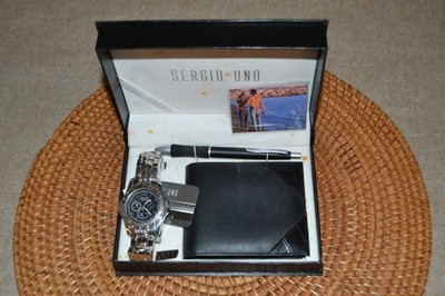 Vintage Sergio Uno Mens Gents Metal Watch With Leather Wallet Pen X-12023