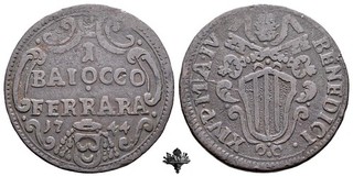 PONTIFICAL STATE Ferrara Baiocco 1744 RARE Pope Benedict XIV year IV