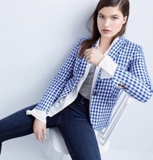J.Crew Blue White Gingham Linen Blend Schoolboy Blazer Women s Size 6 NWT