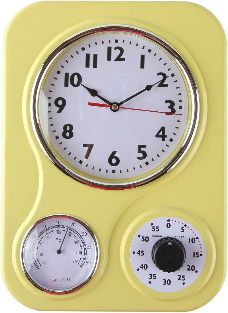 Retro Kitchen Wall Clock, with a Thermometer and 60-Minute Timer, Ideal for Any