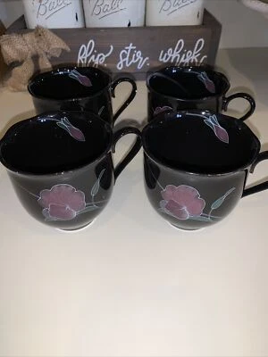 Mikasa Rondo Tango Black Set of 4 Cups Japan Lavender Flowers - Image 1 of 4