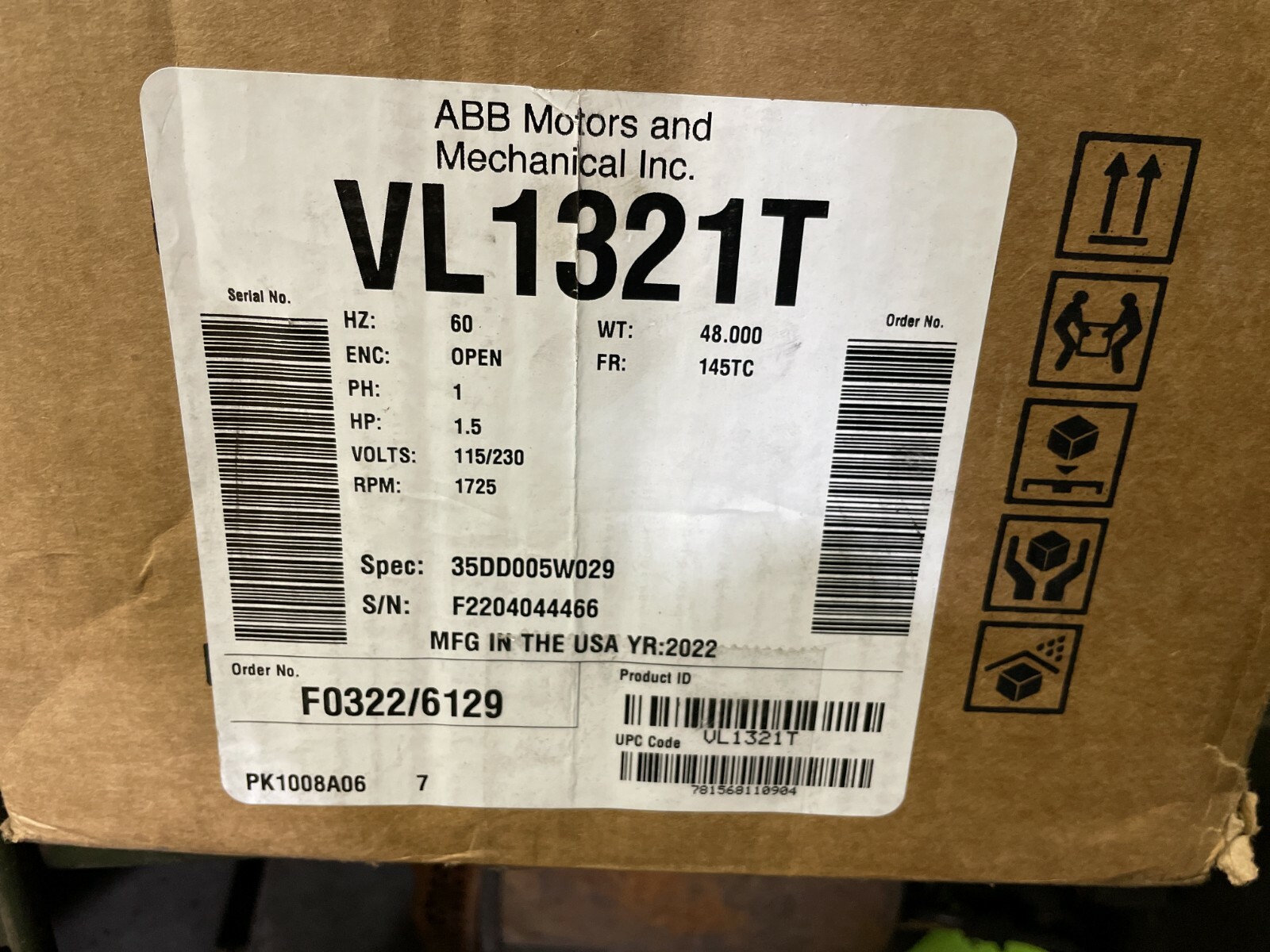 VL1321T - ABB - BALDOR - 1.5HP,1725RPM,1PH,60HZ,145TC,3535L,OPEN - FACTORY NEW!