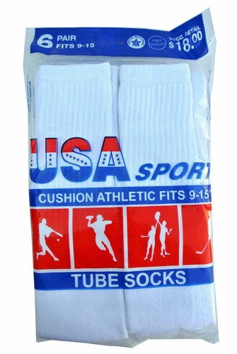 6 Paris Mens Cotton Athletic Sports Tube Socks 22" Size 9-15 White Made For USA - Picture 1 of 5