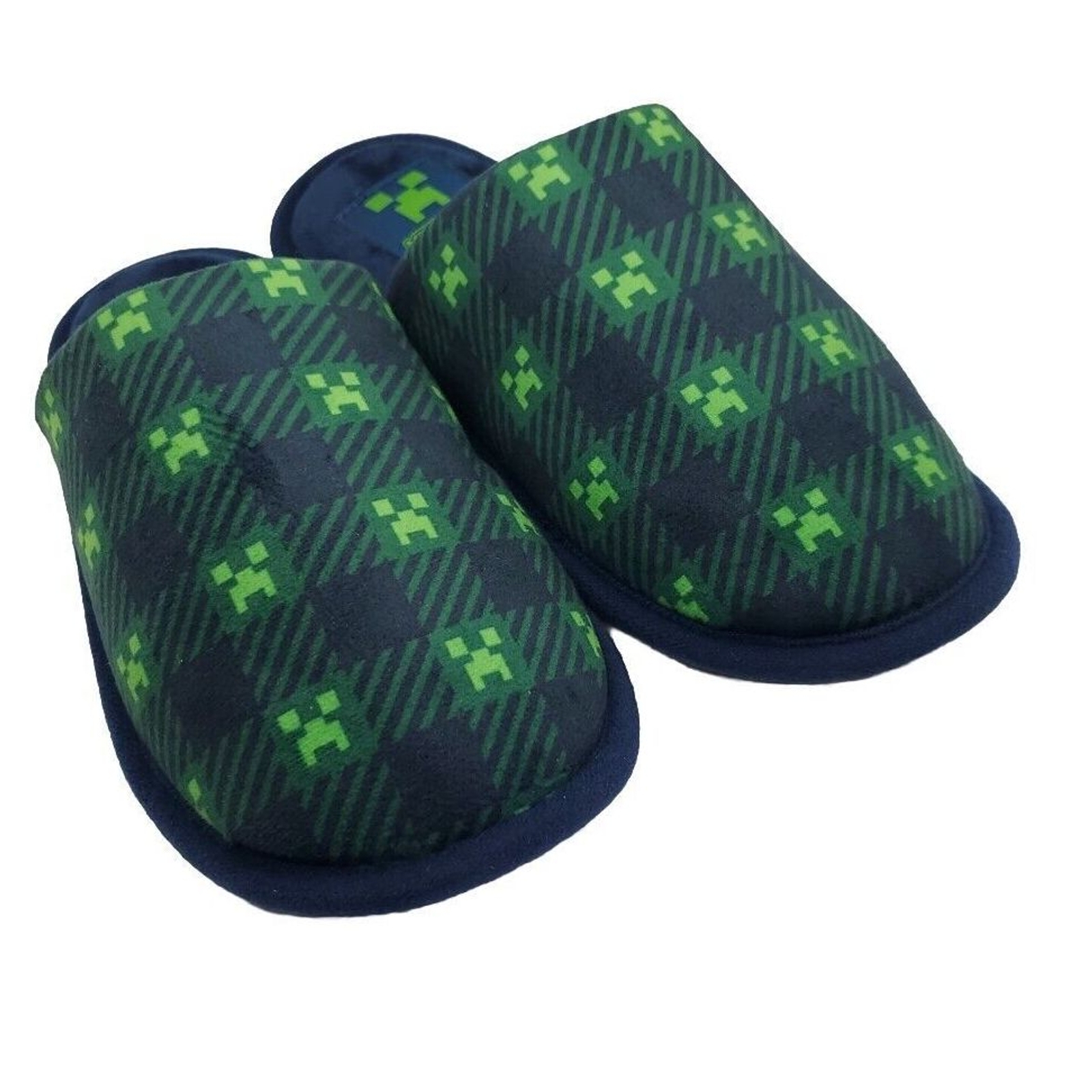 SAOLA Pantofole ragazzo XL 4 5 suola rigida Minecraft gioco scuff plaid verde e blu navy
