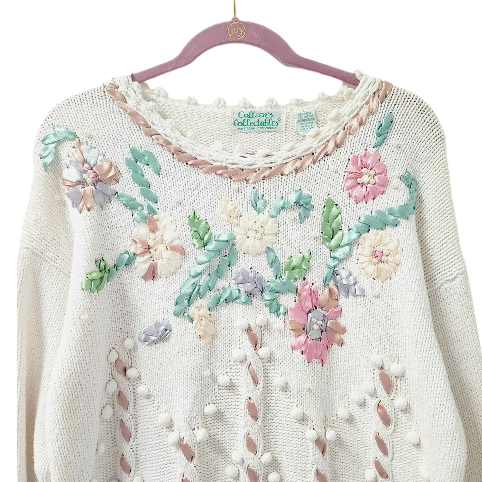 80s 90s Vintage Knit Sweater Oversized Size M/L Ribbon Embroidered Weave Pom Pom - Image 2 of 4