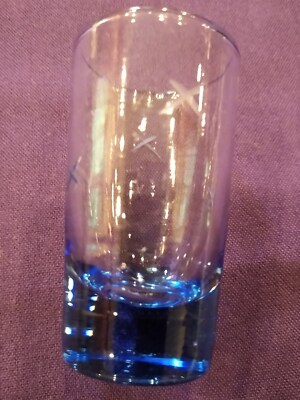 VINTAGE LIGHT BLUE SHOT GLASS WITH ETCHED ''X'' DESIGN~2 3/8'' H X 1.25'' WIDE X 1'' 