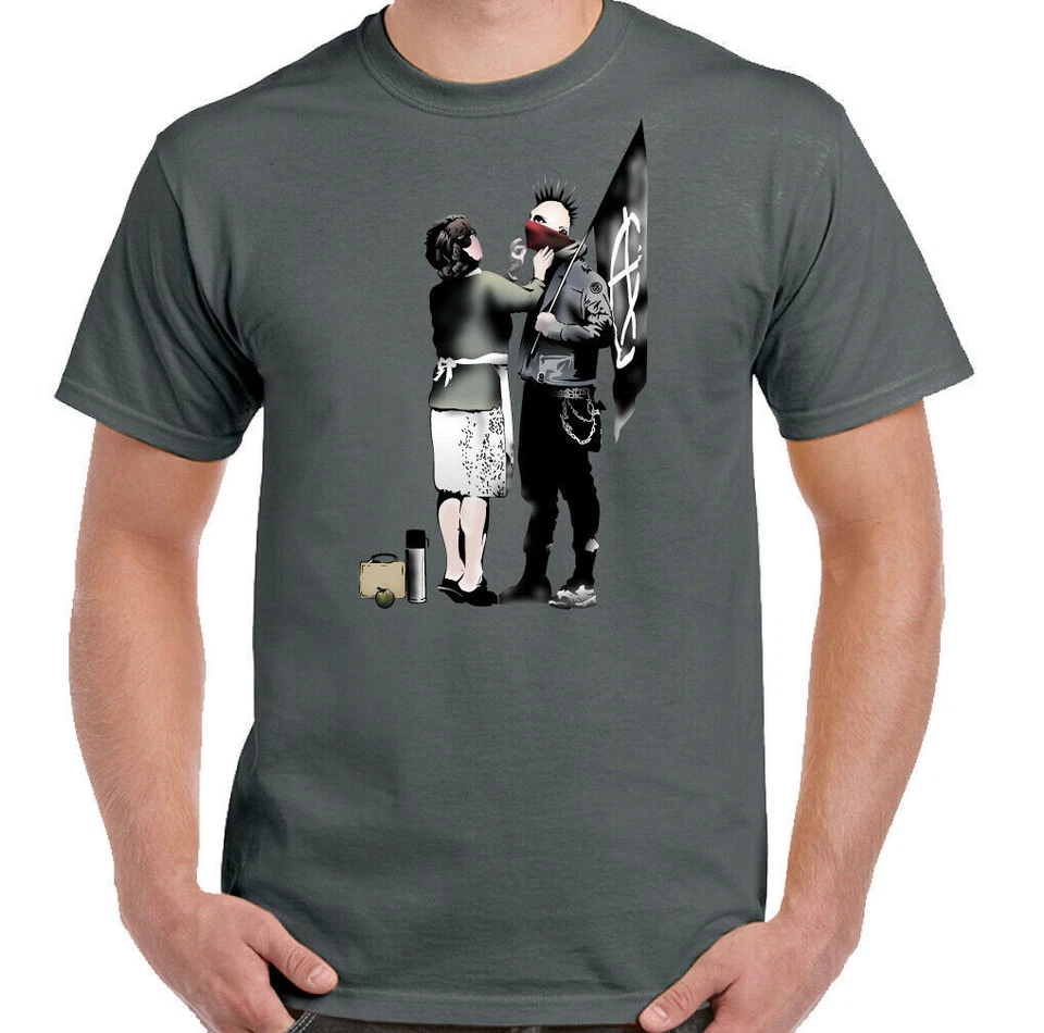 T-Shirt Banksy Homme Punk Art De Rue Graffiti Skinhead Top Musique Rock Anarchie - Photo 1/1