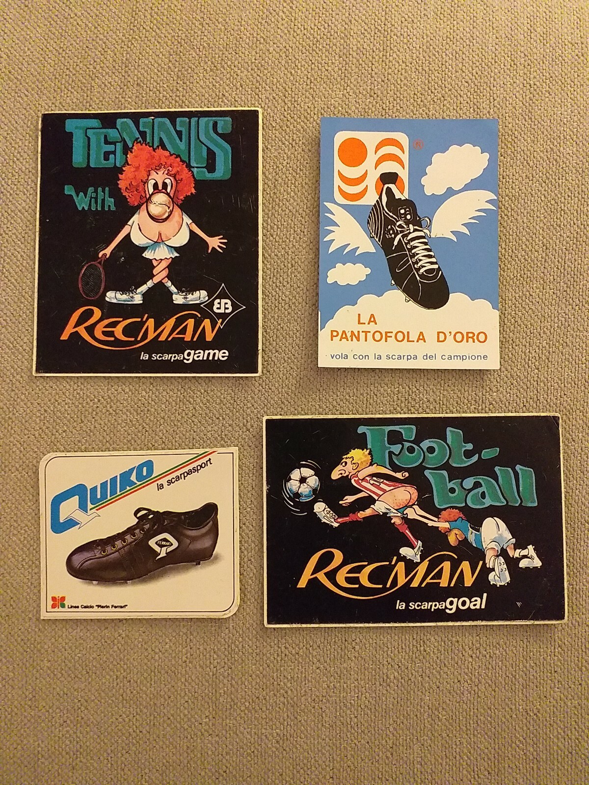 PANTOFOLA D’ORO LA PANTOFOLA D'ORO QUIKO REC'MAN. Lotto 4 adesivi sticker vintage. Calzature