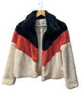 Madison & Berkeley Faux Fur Color Block Chevron Open Front Teddy Coat Jacket M