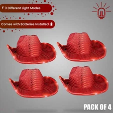 RED Sequin Cowboy Hat with Flashing RED LED Brim Pack-of-4
