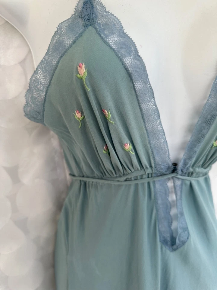 Vestido largo y bata vintage Christian DIOR 100 % seda azul años 80 talla PETITE flores Foto 4 de 4