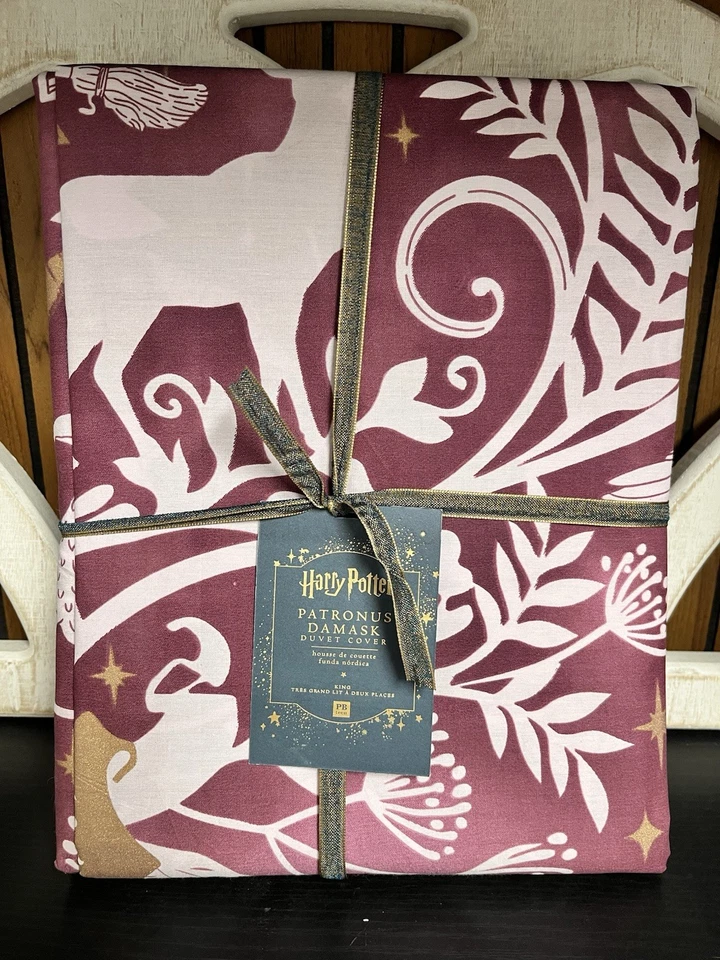 Pottery Barn Teen Harry Potter Magical Patronus Damask King Duvet Cover Burgundy - Image 2 of 4
