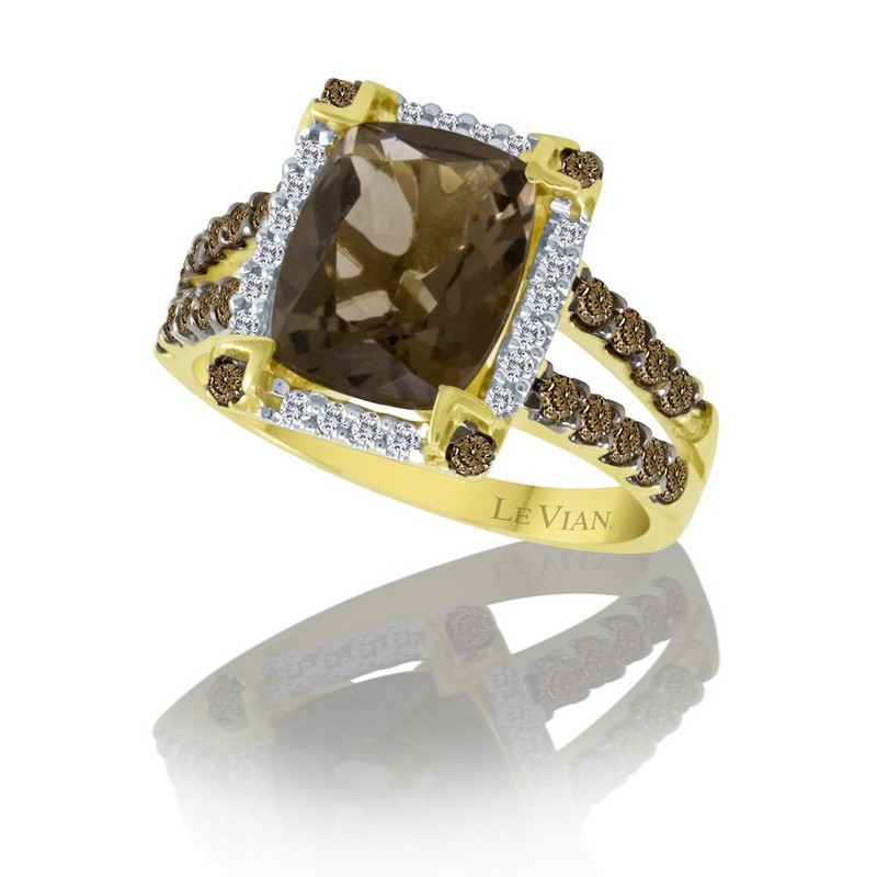 LeVian 14K Yellow Gold Cocktail Ring with 3.23 TCW Smoky Quartz & Diamond Sz 6.5