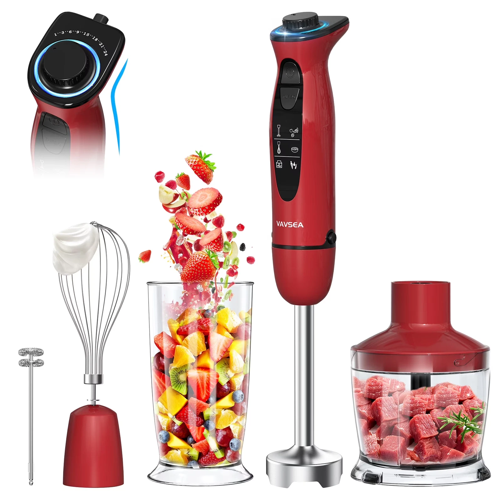 Immersion Blender, 1100W 5-In-1 Hand Blender, 24-Speed Handheld Stick Blender fo