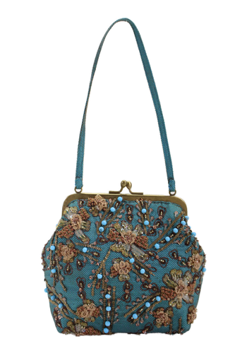 Santi Womens Single Strap Framed Kiss Lock Mesh Beaded Clutch Handbag Blue