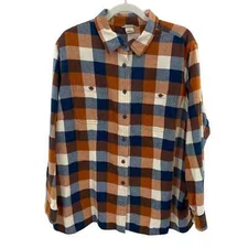 Duluth Trading Co Button Front Flannel Shirt Mens 2XL Orange Blue Plaid Cotton