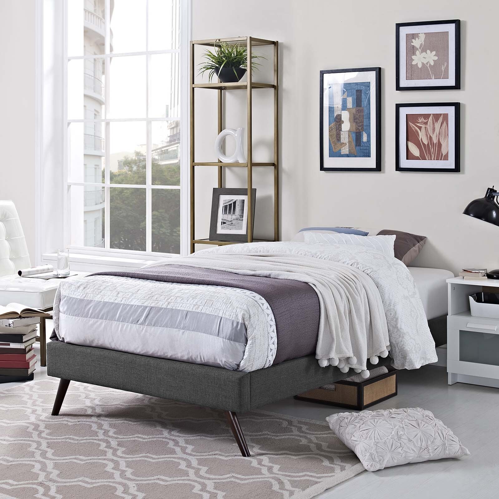Modway Loryn Upholstered Twin Platform Bed Frame with Wood Slat Support in Gray