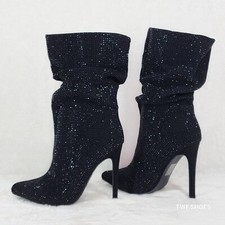 Resolve Sparkling Black Rhinestone High Heel Slouch Calf Boots New Years Bling