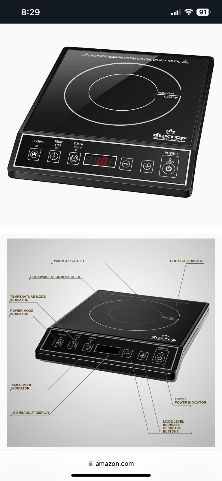 Duxtop 1800W Portable Induction Cooktop Countertop Burner, Black 9100MC