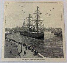 1885 magazine engraving~ STEAMSHIP ENTERING THE HARBOR, PORT HAVRE France