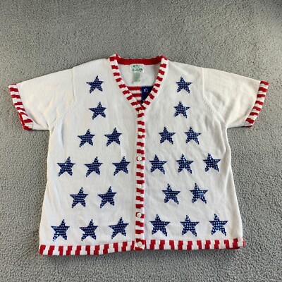 NEW Vtg Quacker Factory Cardigan Sweater Womens Plus 1X White Red Blue US Flag