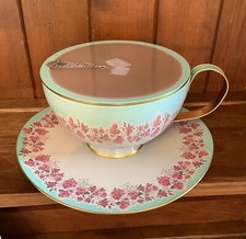 Large Metal Cup and Saucer 3D Biscuit Tin Pink and Blue Floral Design
