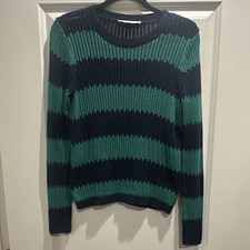 LOFT Women  s Knit Pullover Sweater Crew Neck Long Sleeve Striped Green Navy S