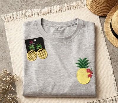 George Gray Cotton Jersey T-Shirt M Crew Neck Embroidered Pineapple and Earrings