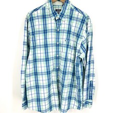 IZOD Premium Essentials Plaid Long Sleeve Button Up Shirt Green Blue Size L