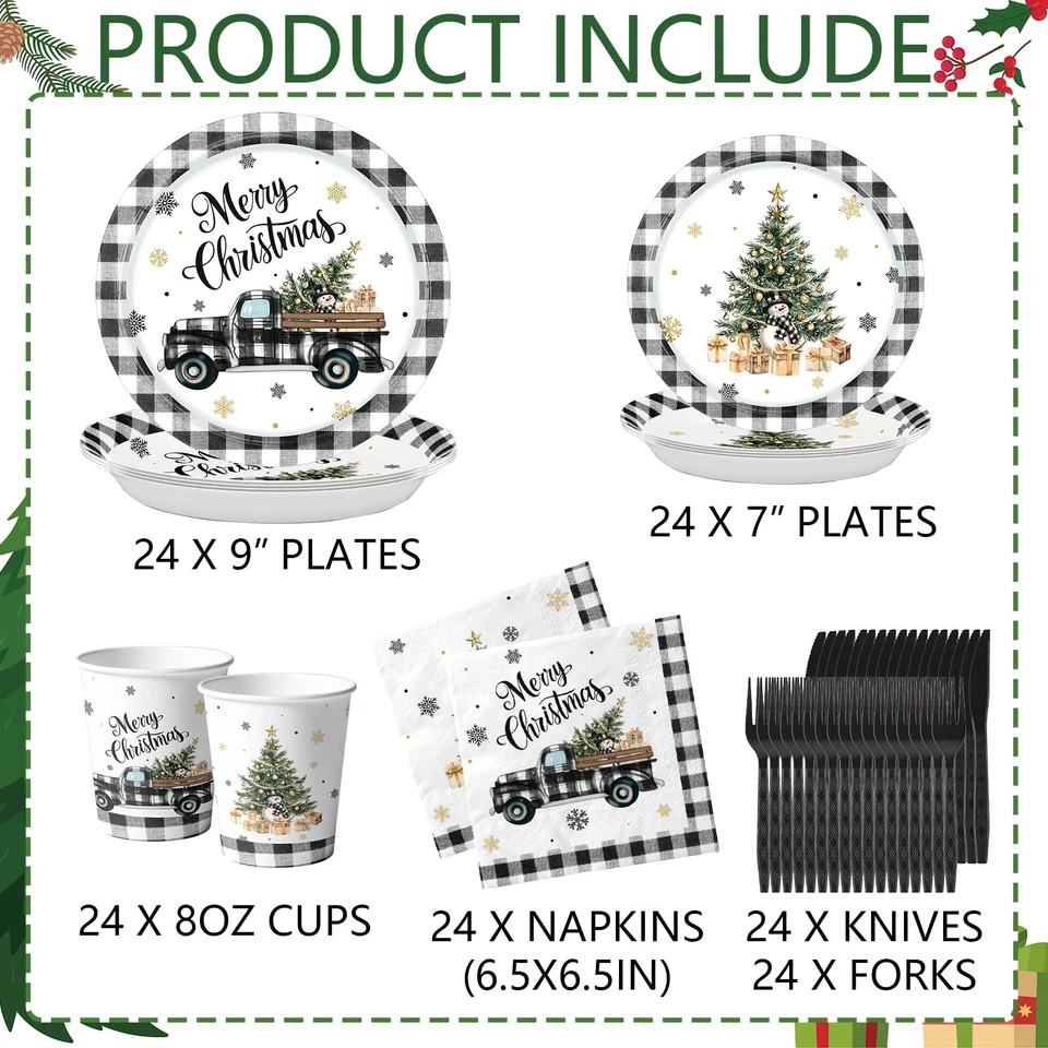 Juego de vajilla y servilletas de papel navideño de 144 piezas negro y... Foto 4 de 4