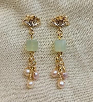Elagent Ginkgo Leaf & Green Chalcedony Pearl Chain Drop 18k GP Earrings Gift