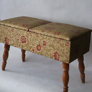 Vtg MCM Sewing Box Storage Chest, Maple Legs, Pink, Gold Floral 26 x 17"