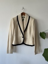 VTG Lauren Ralph Lauren 1 Button Blazer Beige Linen Black Piping Ivy Prep