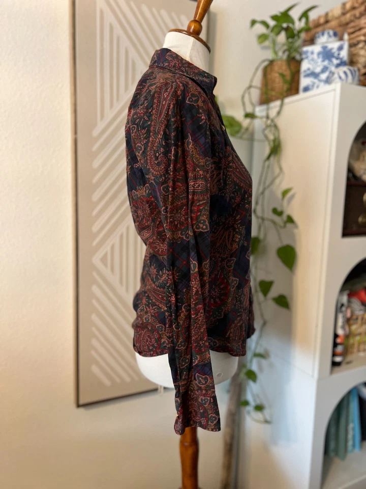 Chaps Womens Plaid Paisley Navy Button Up Blouse Sz S Old Money Equestrian Fall - Image 2 of 4
