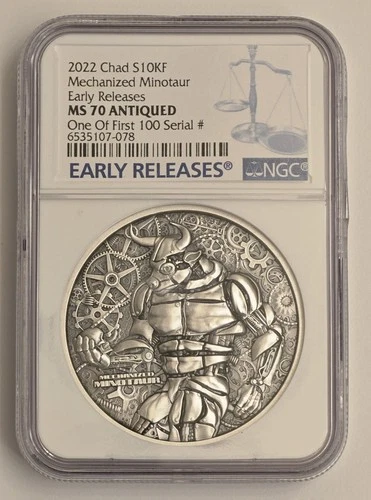 2022 Chad MECHANIZED MINOTAUR,  NGC MS70 ER, 2 oz. Silver Antique Finish, Rare