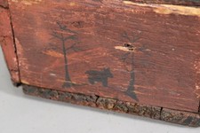 BEST 18TH C FOLK ART BOX IN RED PAINT WITH BLACK FOLK ART TREE & BEAR DECORATION