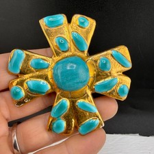 Vintage Baron Jamaica Maltese Cross Brooch Blue Gold Tone Ceramic Chunky Large