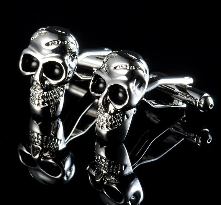 Juego de gemelos cabeza calavera de plata pura 925 maciza de moda para hombre Foto 3 de 4