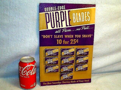 VINTAGE 1945 DOUBLE-EDGE PURPLE RAZOR BLADES STANDUP STORE DISPLAY~