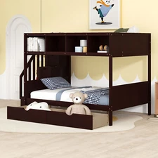 Twin over Full Bunk Bed Frame with Shelves/Storage Staircase/ 2 Drawers Espresso