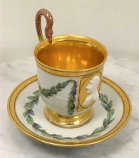 Antique KPM Berlin Cameo Green Gold Portrait Cup Saucer stunning  RARE 