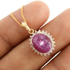 14K Yellow Gold Pendant Star Ruby & Diamond Pendant Women's Bridal Jewelry