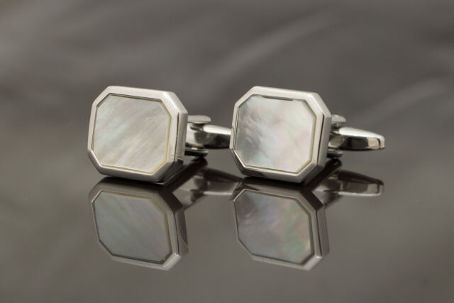 Pair of Cufflinks - silver colour & mother of pearl - rectangle head